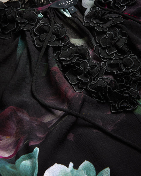 FAIZIAA-Tops-Romance meets effortless glamour in FAIZIAA. Half-length blouson sleeves create a relaxed and feminine look that's perfect for sunny days, while the flower appliqués bring an extra dose of femininity. V-neck top Neck tie Trailing floral print Half length blouson sleeves Cami lining with adjustable straps Flower appliqués- Ted Baker Romania